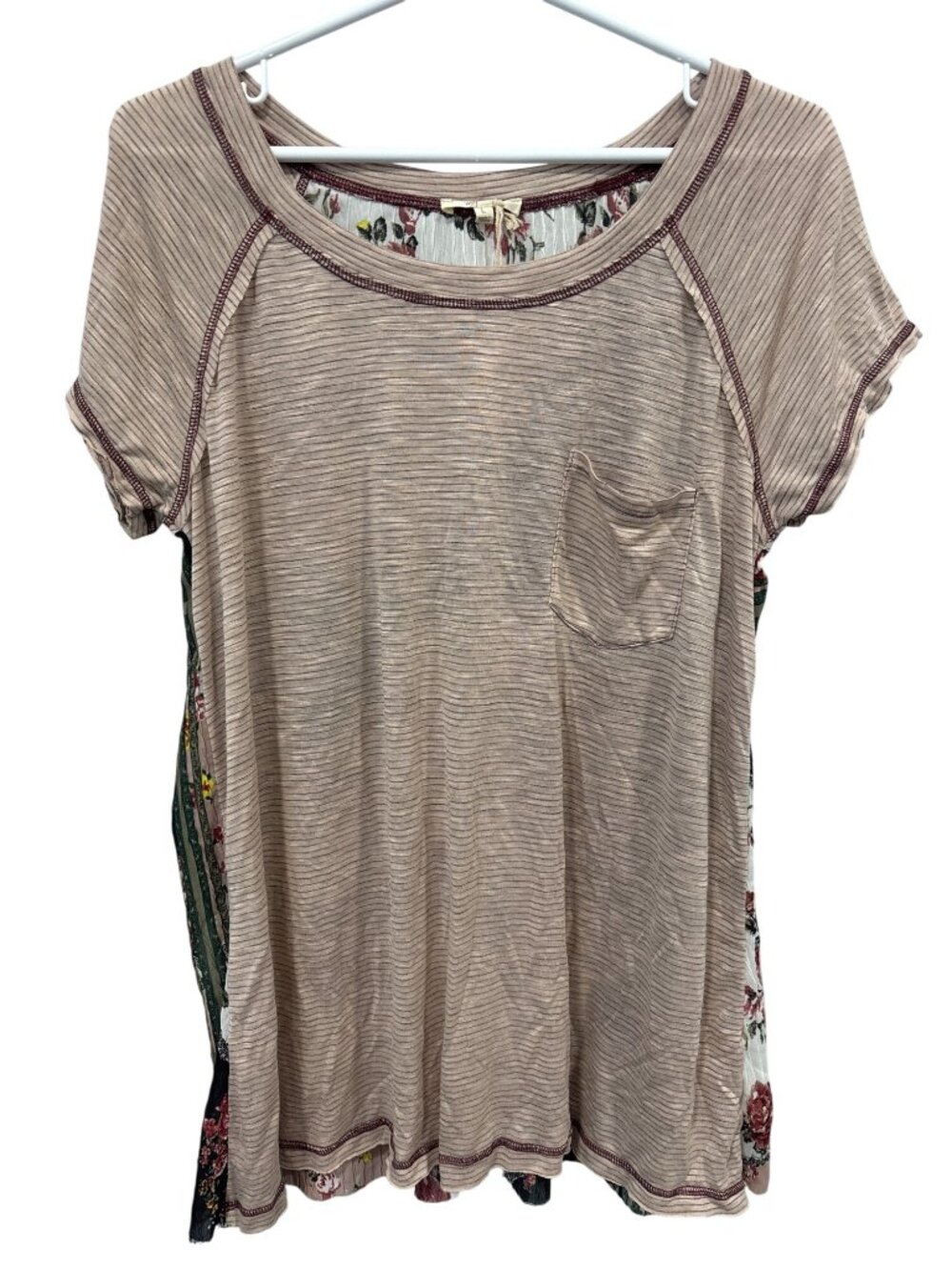 Mystree Top Large Striped Short Sleeve Pocket Tee Floral Mixed Media Essentials